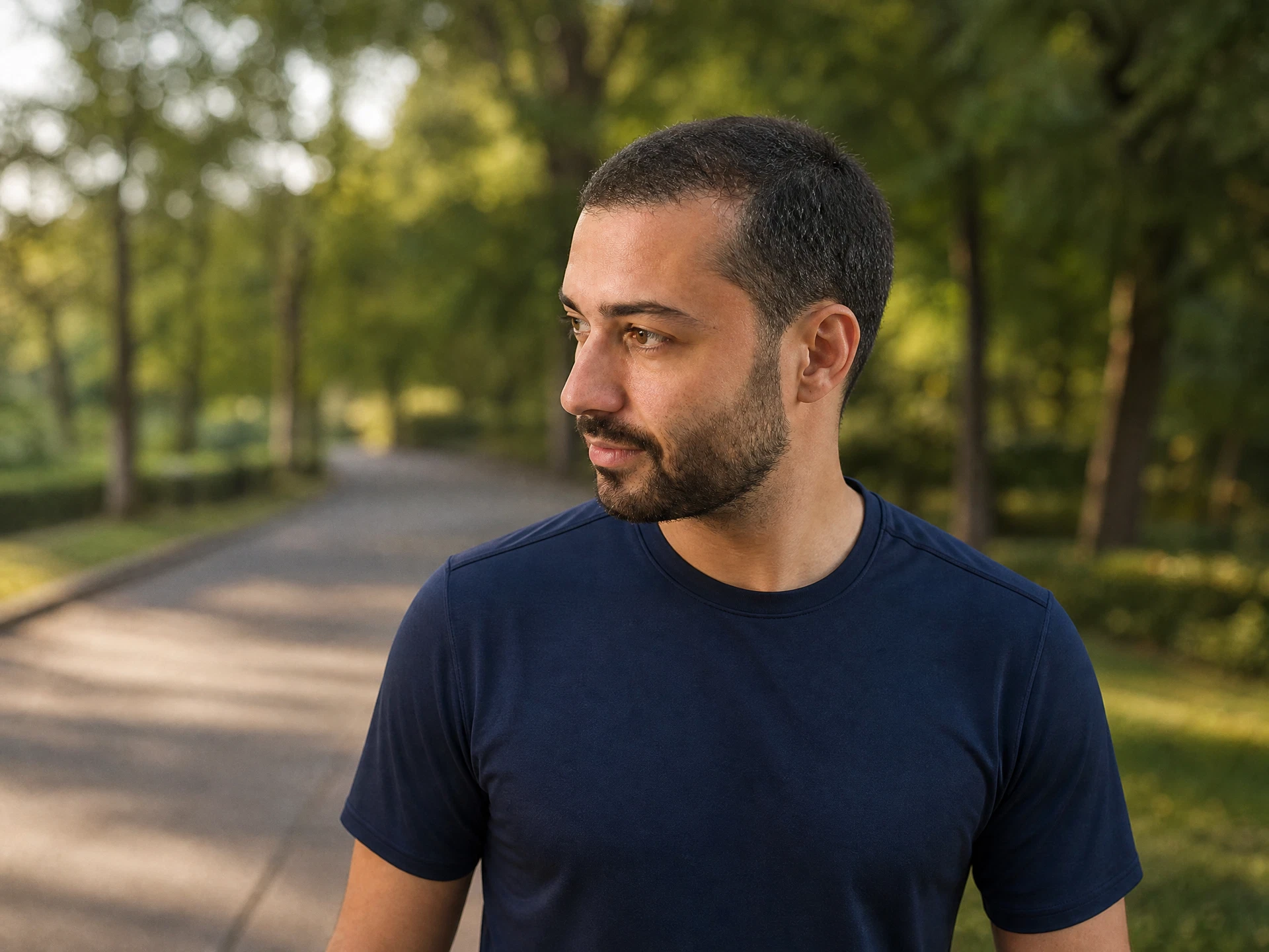 Man gradually returning to exercise with a relaxed walk after a hair transplant