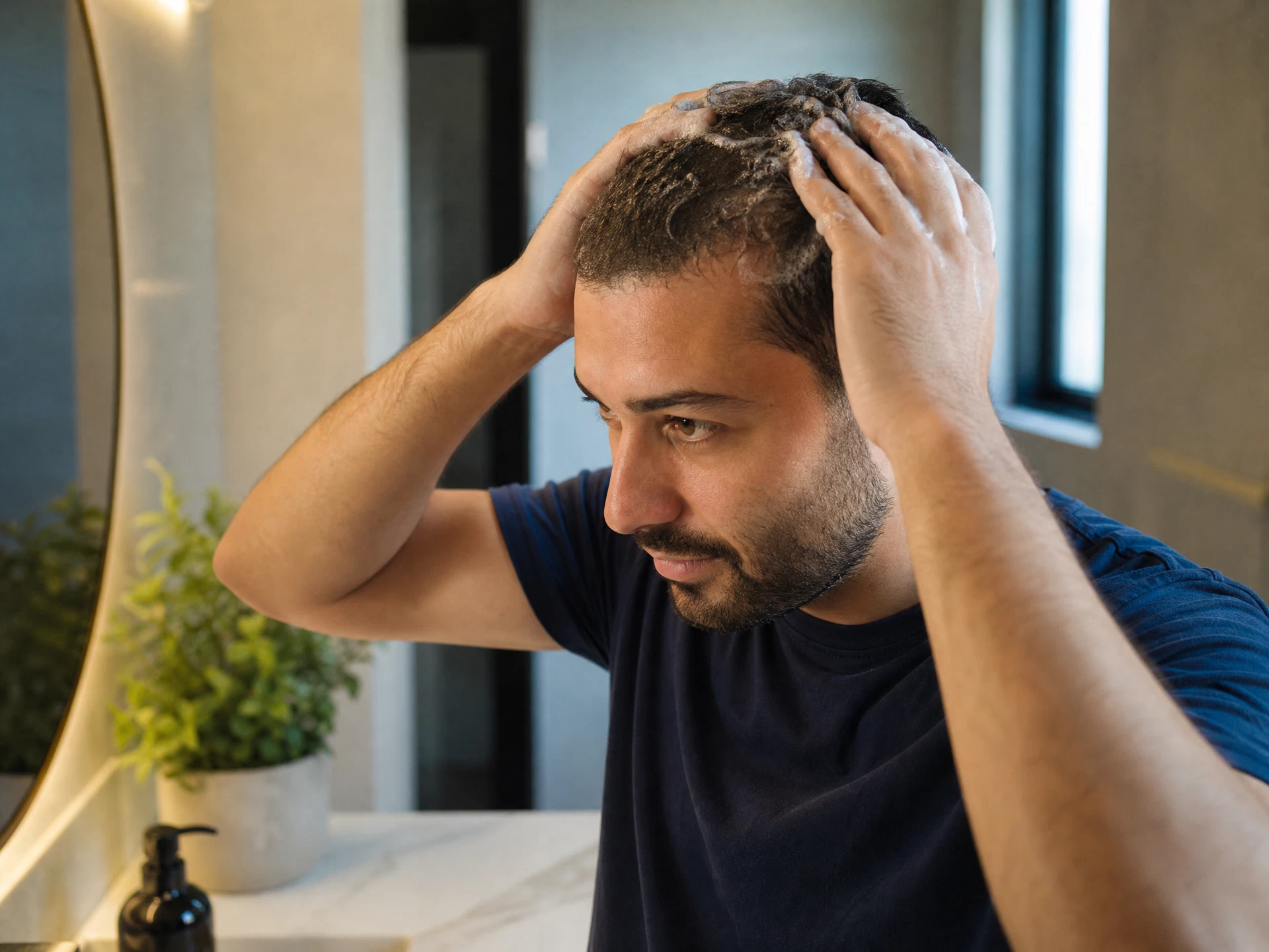Man gently washing one-month hair transplant growth at a bathroom sink
