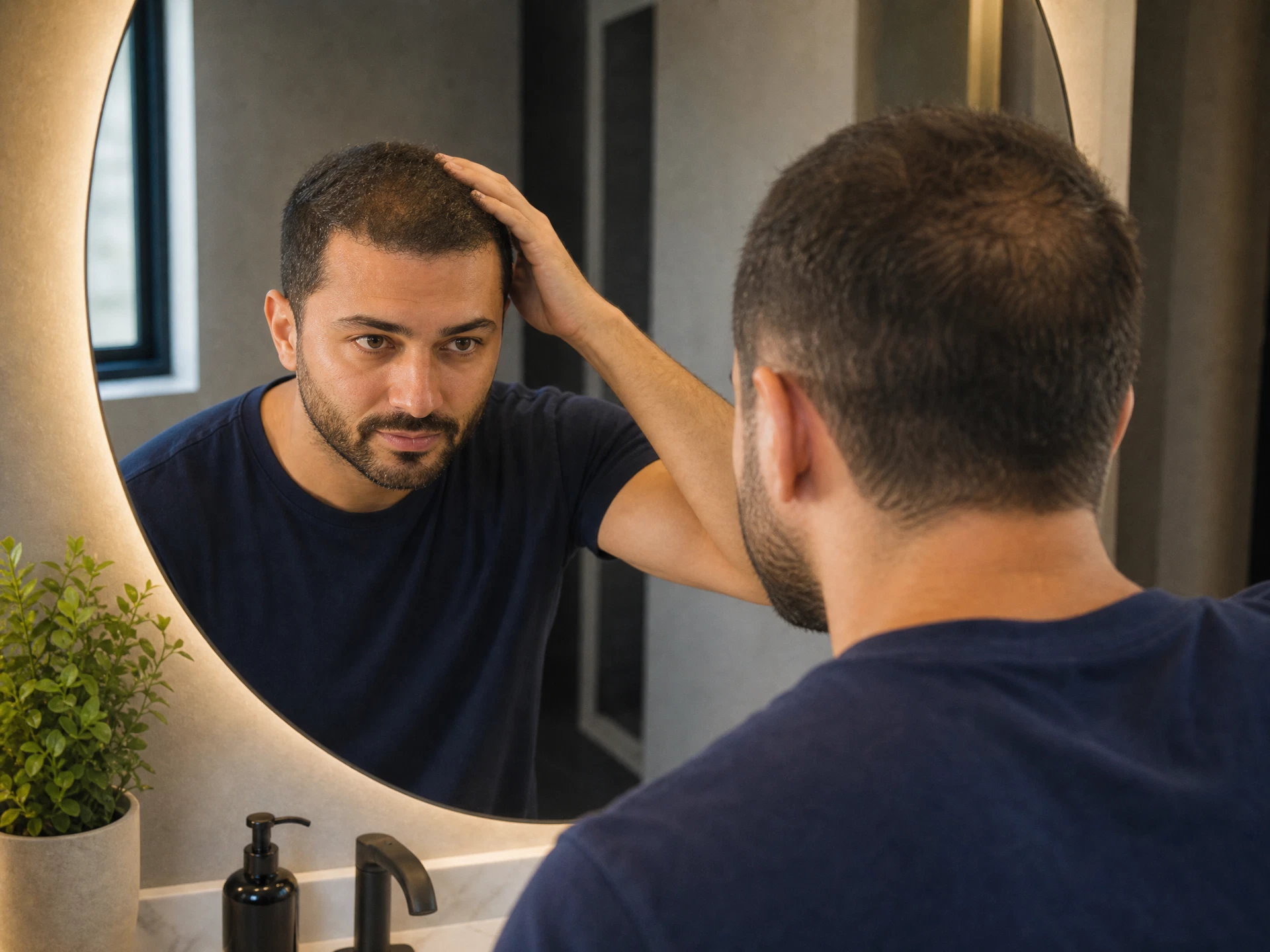 Man calmly checking gradual early hair transplant regrowth in a mirror