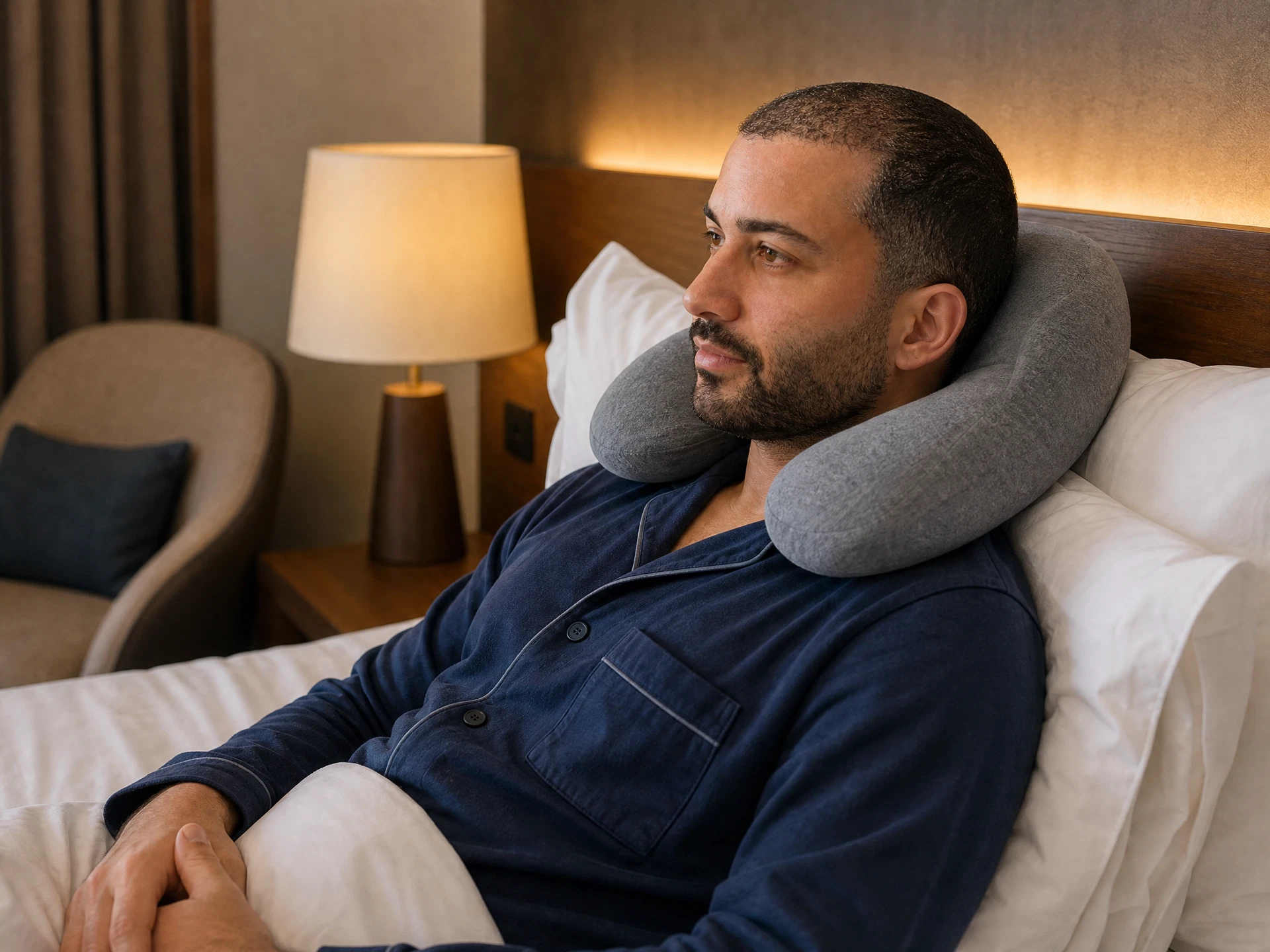 Hair transplant recipient sleeping elevated with a travel neck pillow
