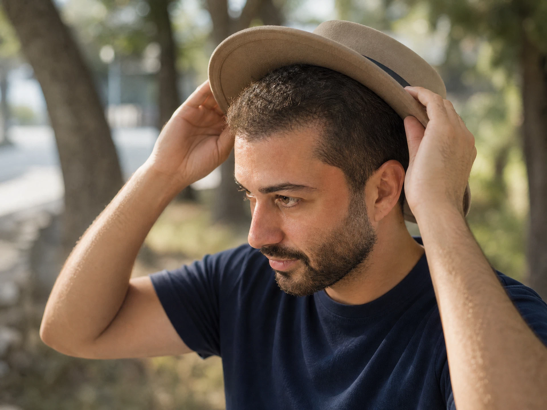 Man with short hair transplant regrowth putting on a loose sun hat