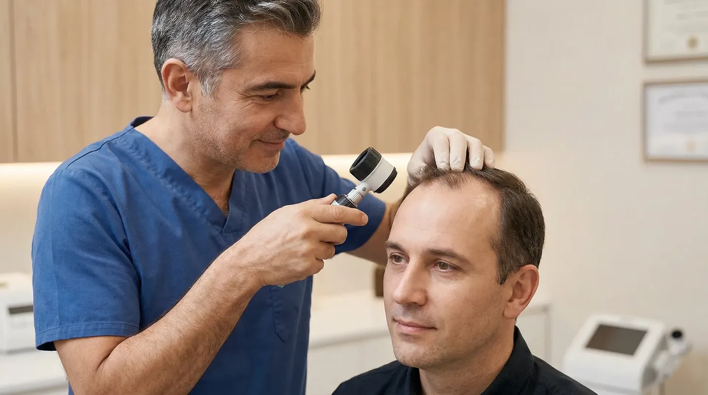 Canadian patient researching hair transplant clinics in Turkey during online consultation