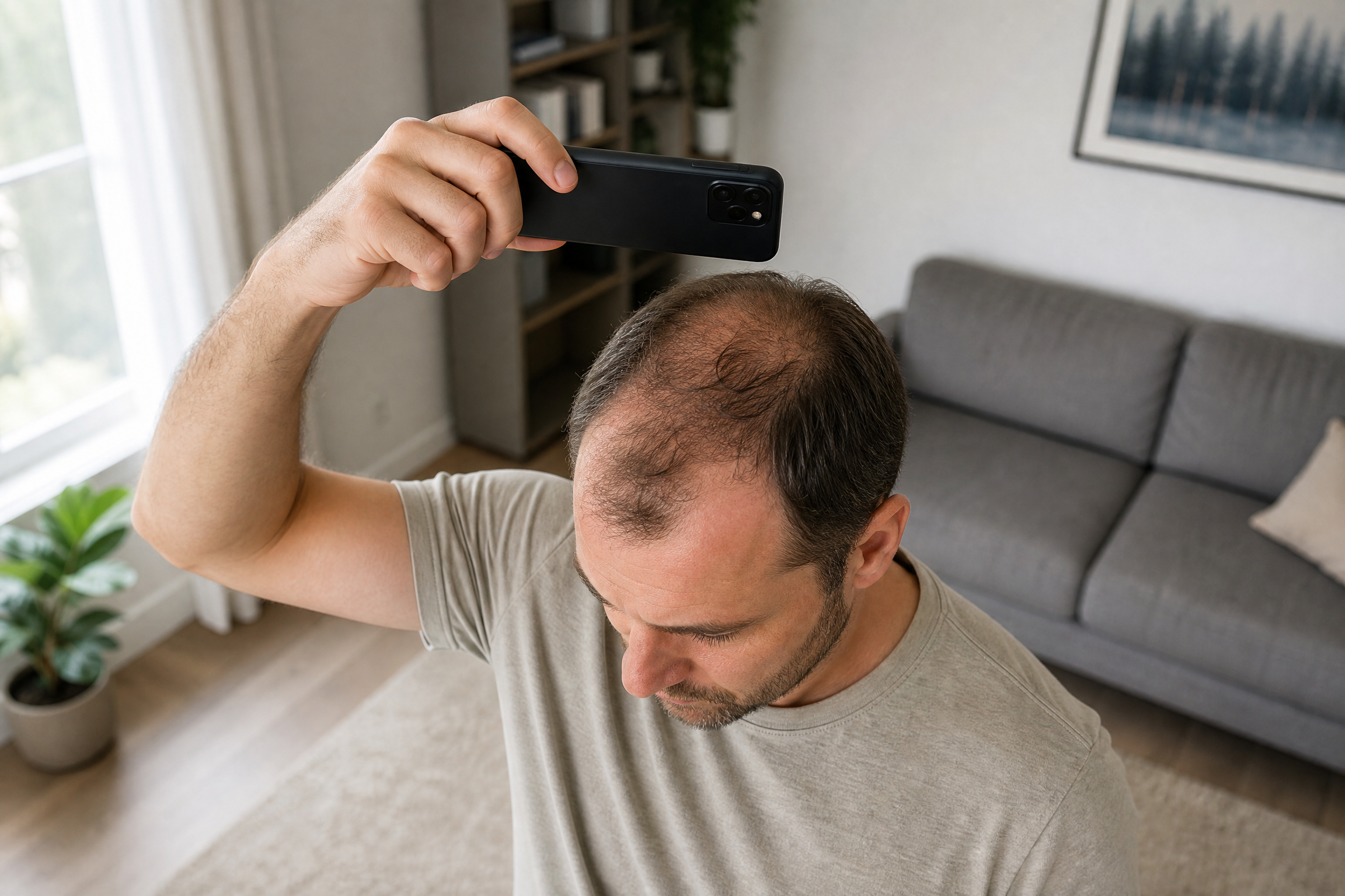 Balding man taking a photo of the top of his head for an online hair transplant consultation