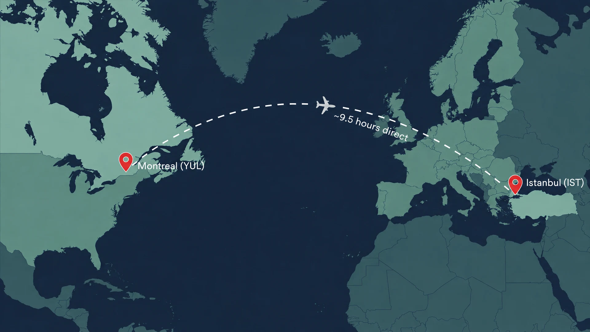 Flight route from Montreal, Canada to Istanbul, Turkey