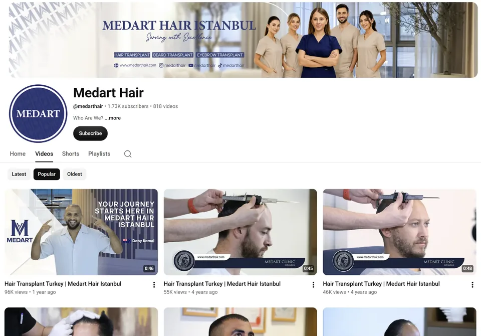 MedArt Hair YouTube channel showing clinic staff and hair transplant videos