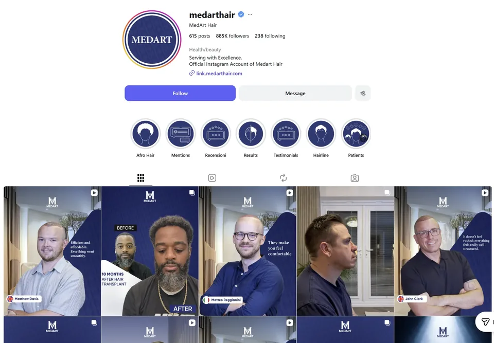 MedArt Hair Instagram profile showing client stories and before-and-after content