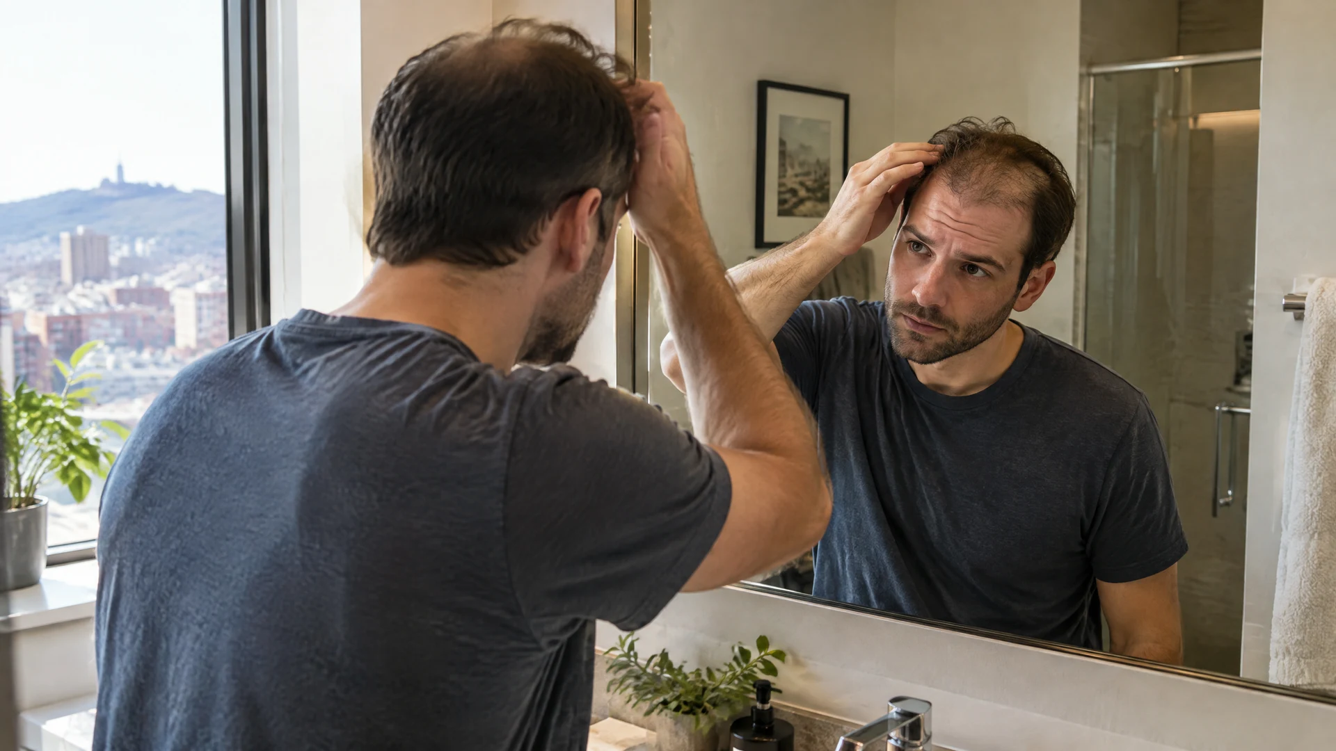 Balding man in his 30s examining his thinning hairline in a mirror