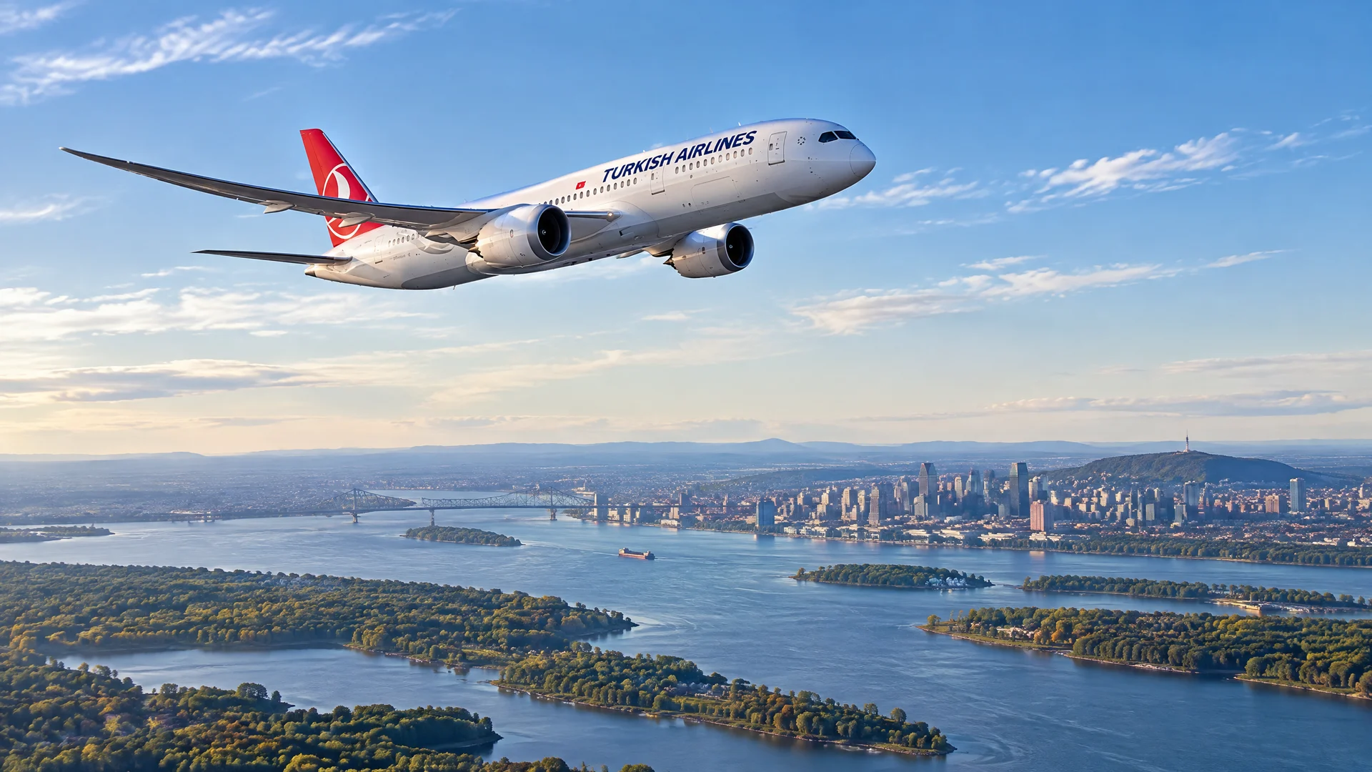 Turkish Airlines jet flying above the Saint Lawrence River and Montreal skyline