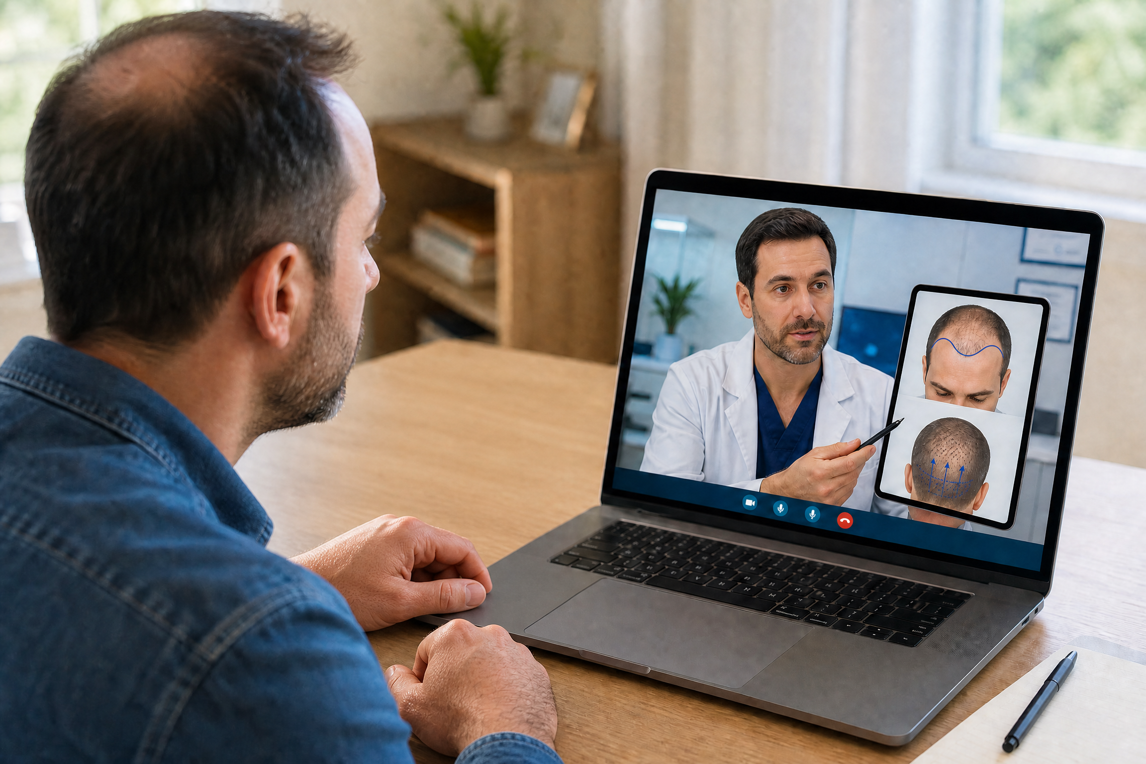 Man attending an online hair transplant consultation while a doctor presents a proposed transplant design on a laptop