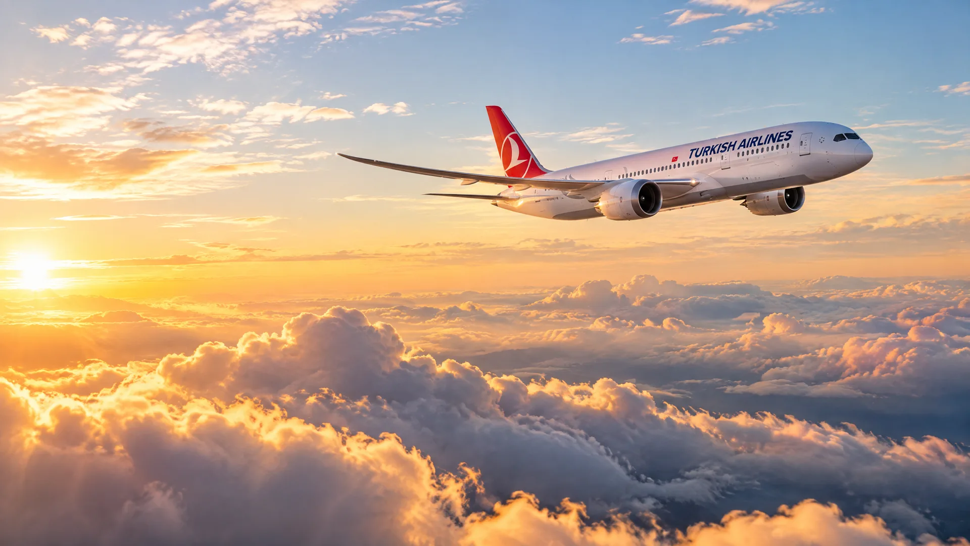 Turkish Airlines jet flying above sunlit clouds